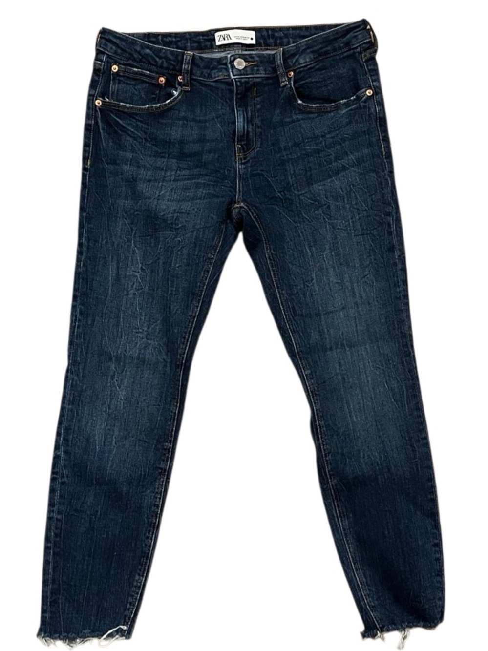 Zara "The Skinny" High-Rise Dark Wash Raw-Hem Cropped Jeans